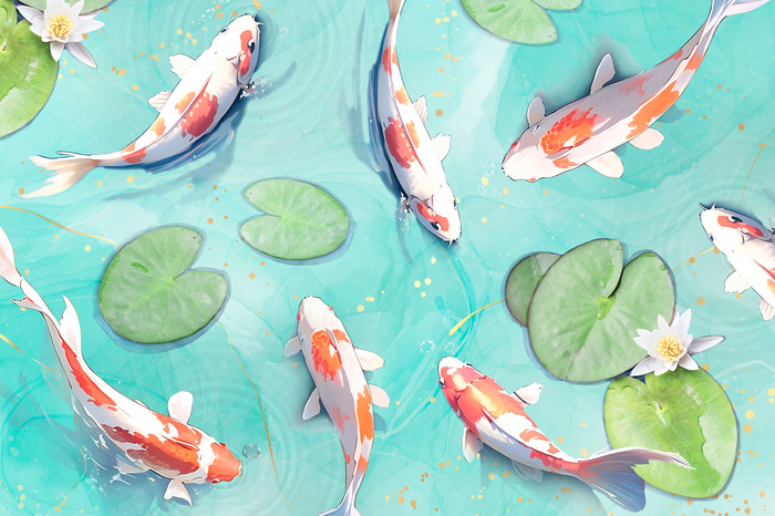 Illustration de carpes koï nageant dans un étang lumineux