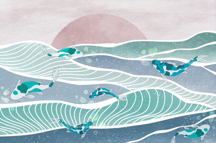 Motif japonais avec des carpes koï et des vagues