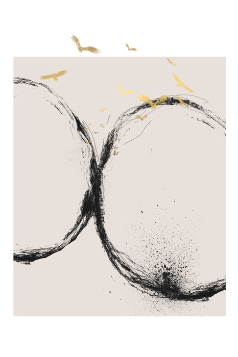 Oiseaux dorés sur des cercles noirs