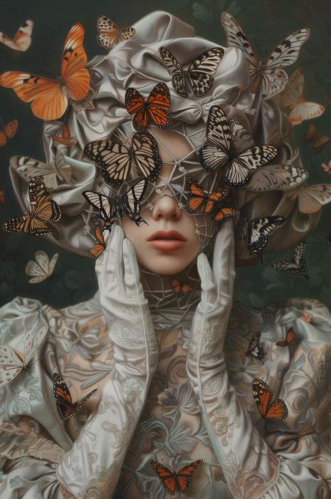 Une femme parmi des papillons dans une composition artistique