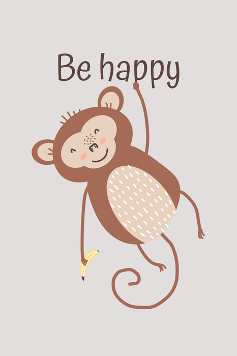 Un petit singe brun tenant une banane avec le slogan « sois heureux »