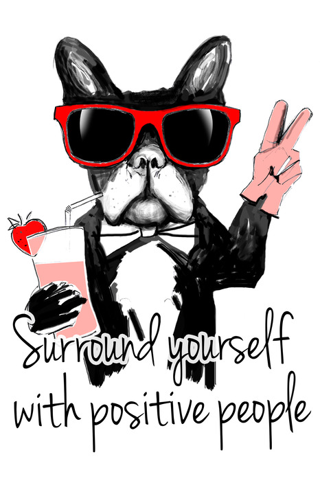 Bouledogue humoristique avec des lunettes et un cocktail