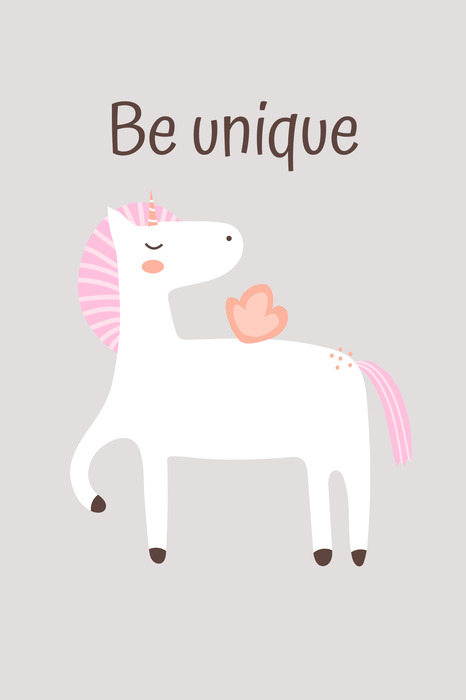 Illustration d'une licorne blanche avec le slogan « sois unique »