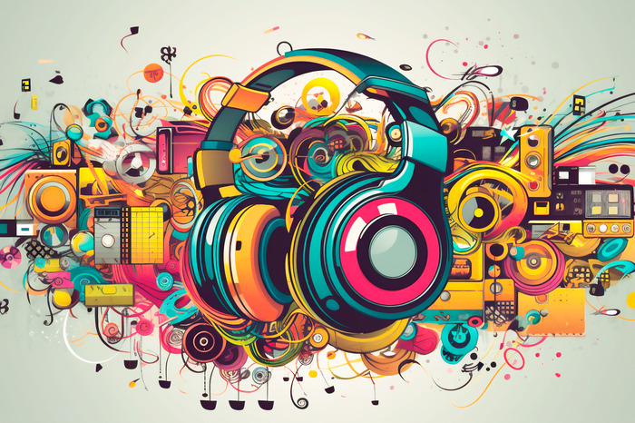 Casque audio dans une composition graphique multicolore