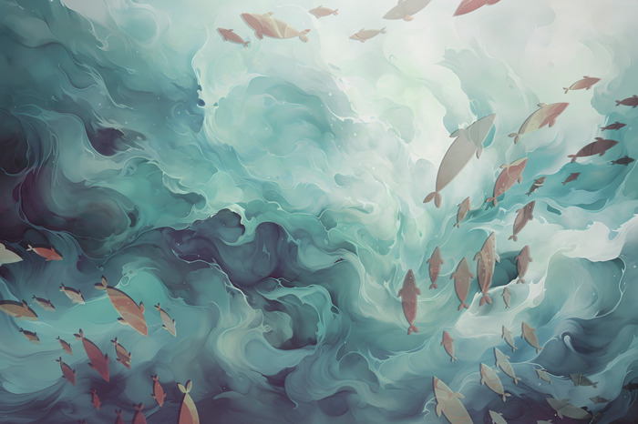 Un tableau de poissons dans un océan tourbillonnant