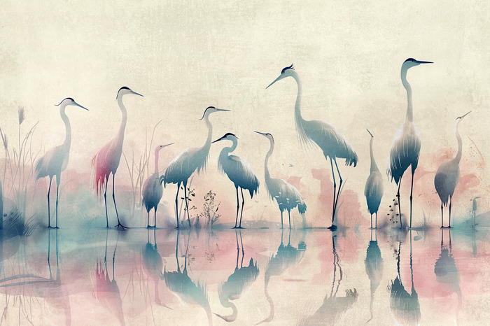 Birds by the lake - herons painted in watercolor in a delicate, gray-pink palette