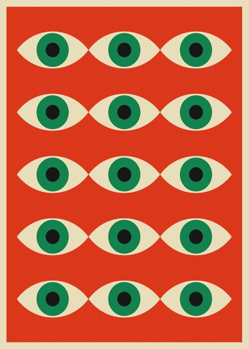 Abstraction inspirée du bauhaus avec un œil vert sur fond rouge