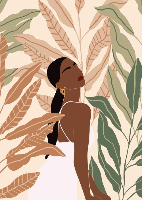 Femme parmi de grandes feuilles tropicales illustration