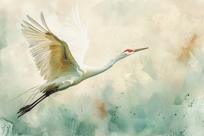 Crane in flight - bird painted in watercolor on a greenish textured background