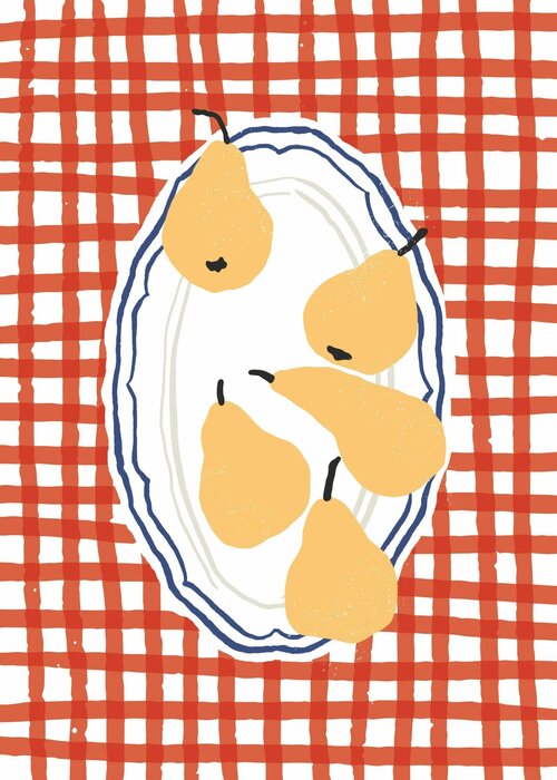 Illustration moderne d'une poire sur fond rouge à carreaux