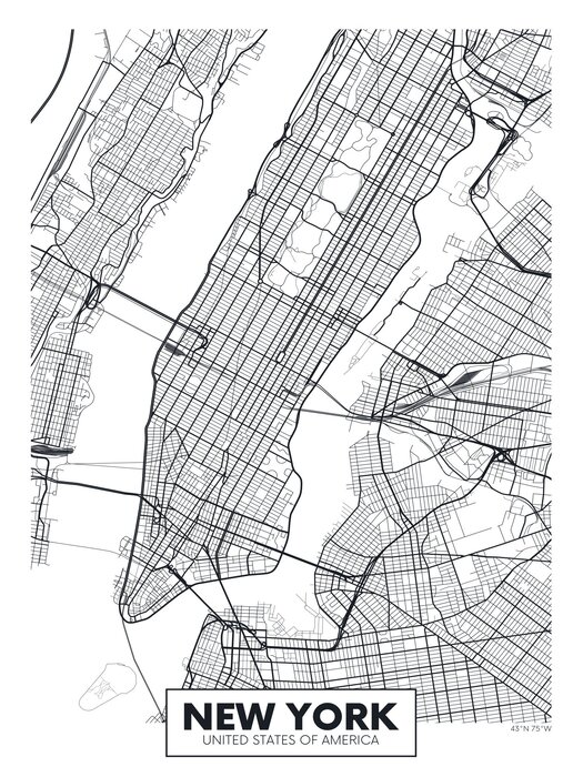 New york carte de la ville en noir et blanc