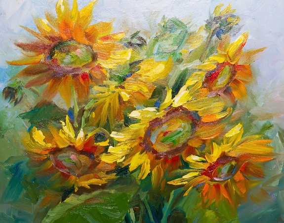 Olie zonnebloemen op canvas