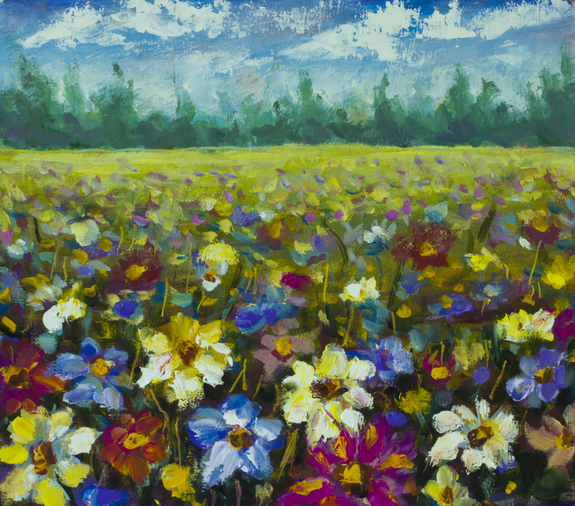Bloemen veld olieverfschilderij