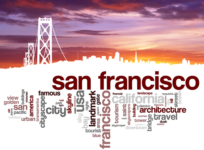 San francisco skyline van de stad en word cloud