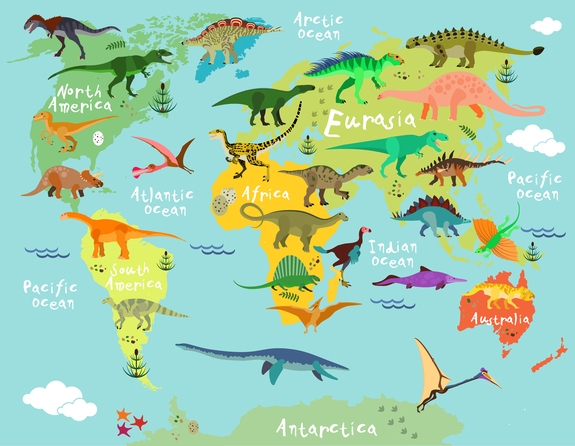 Wereldkaart voor kinderen met dinosaurussen