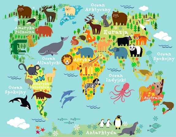 Gesigneerde wereldkaart met kenmerkende dieren