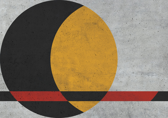 Zwart-gele cirkel met rode elementen met betonstructuur