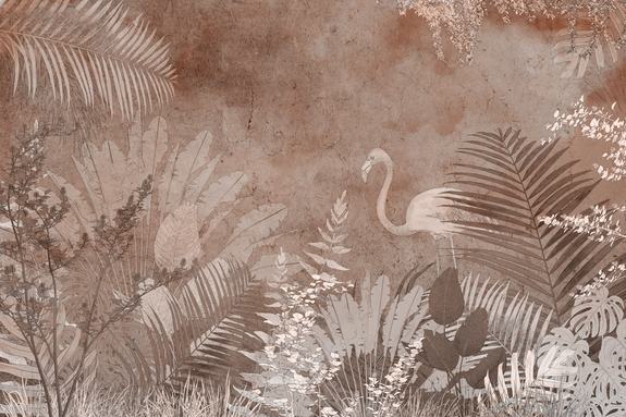 Flamingo en tropische planten, palmbladeren op beton