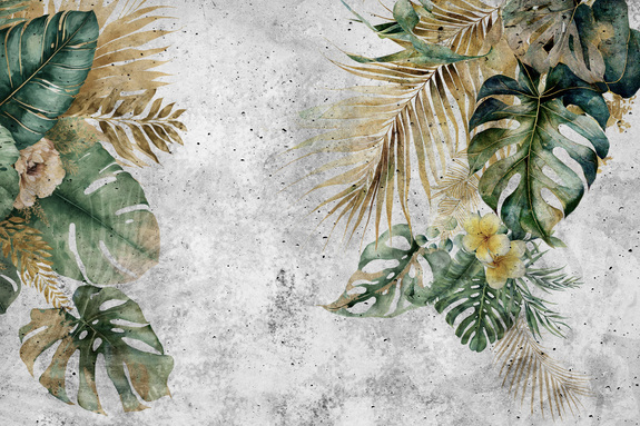 Tropische bladeren, monstera en palmen op beton