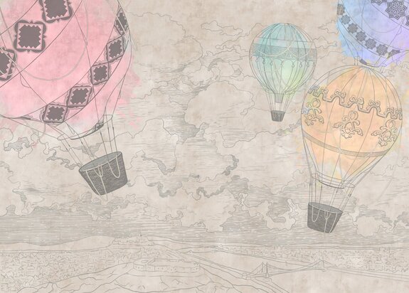 Kleurrijke ballonnen tegen een beige landschapsachtergrond