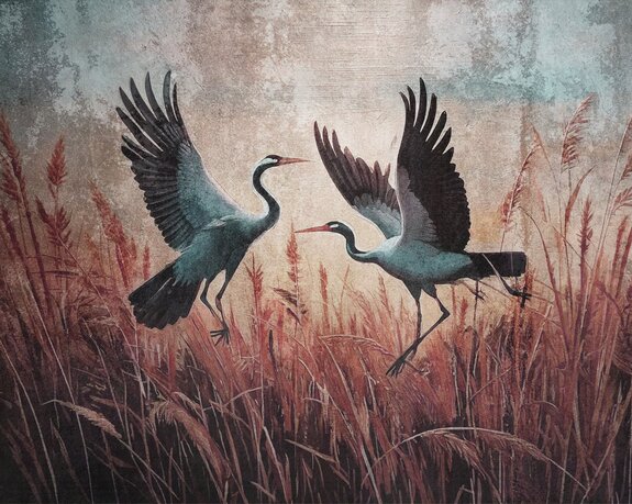 Reigers en planten op een gestructureerde achtergrond