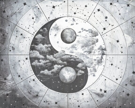 Zwart-wit yin yang-symbool op een sterrenachtergrond