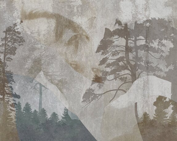 Abstract portret van een paard tegen een boslandschap