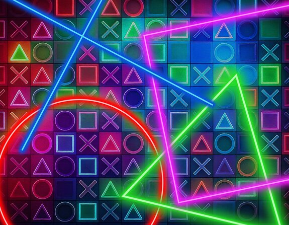 3d-spelsymbolen in neonkleuren