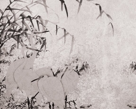 Reigers en bamboetakken op een gestructureerde achtergrond