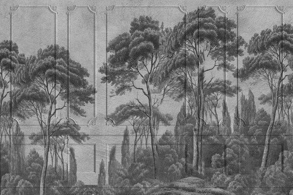 Zwart-wit landschap van een bos tegen een achtergrond van stucwerk