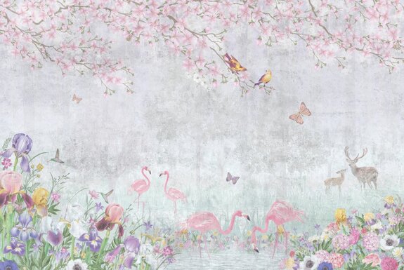 Flamingo&#39;s en bosdieren tussen kleurrijke bloemen