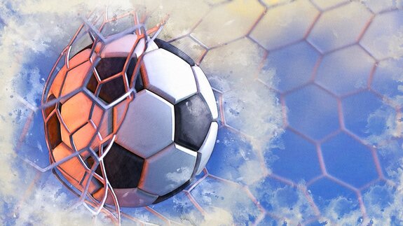 Een bal in het net op een blauwe achtergrond