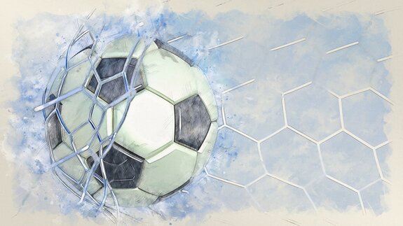 Voetbal in een net op een blauwe aquarelachtergrond