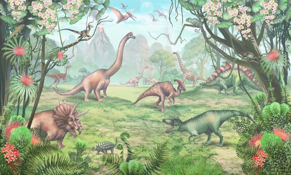 Dinosaurussen tussen tropische planten tegen de achtergrond van een vulkaan