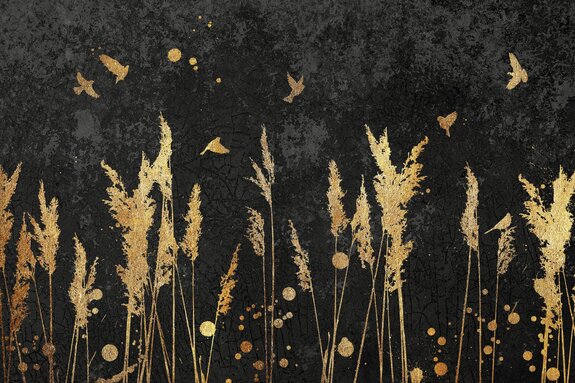 Grassen en vogels op een zwarte betonnen achtergrond