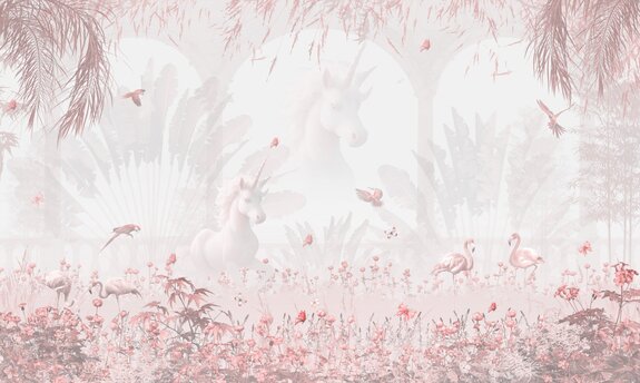 Eenhoorn en flamingo&#39;s tussen roze bloemen en planten