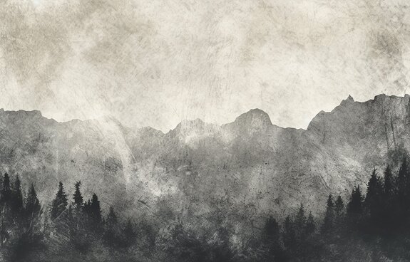 Een minimalistisch landschap met een bos en bergen op een gestructureerde achtergrond.