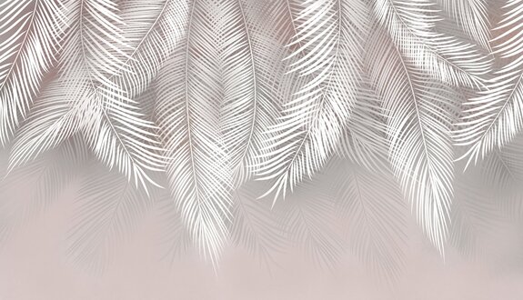 Tropische palmbladeren hangen van bovenaf op een pastelkleurige achtergrond