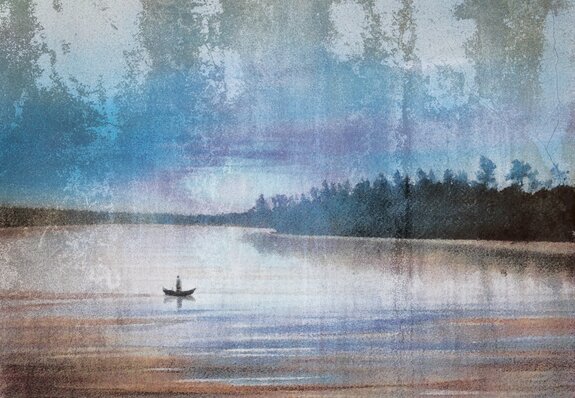 Landschap van een boot op een meer met een betoneffect