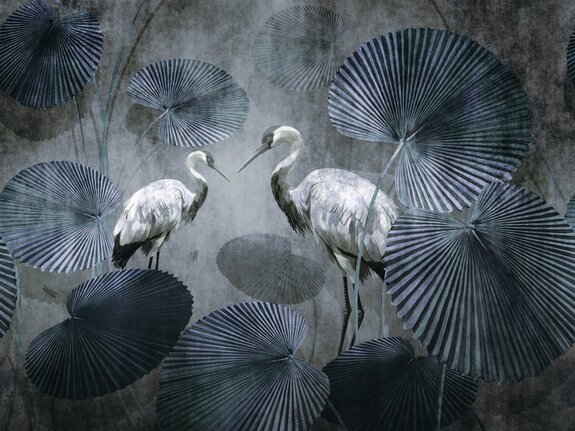 Witte kraanvogels tussen tropische bladeren