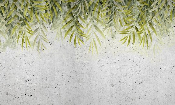 Groene bladeren hangen van bovenaf tegen een achtergrond van grijs beton
