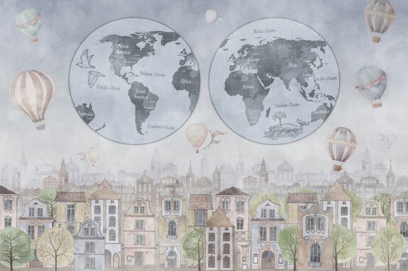 Wereldkaart en ballonnen boven kleurrijke huizen illustratie