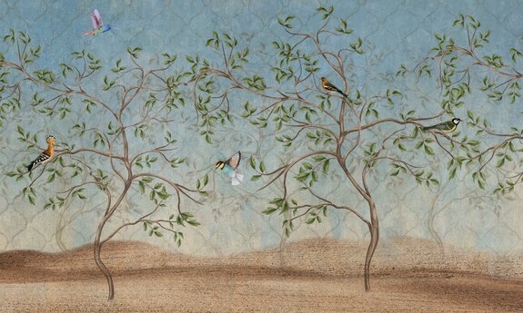 Vogels en bomen met geometrische vormen op de achtergrond