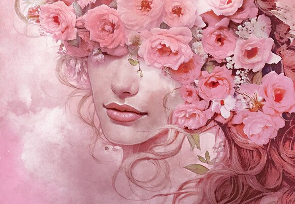 Roze portret van een vrouw met bloemen op haar hoofd