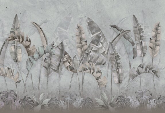 Bananen- en monsterabladeren op een betonnen achtergrond