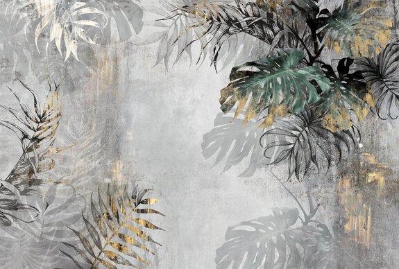 Een plantencompositie met monstera&#39;s op beton