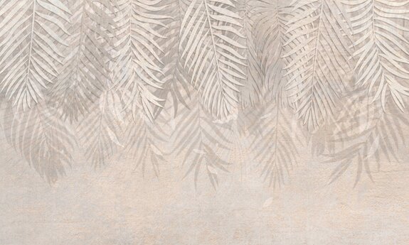 Een plantencompositie met palmbladeren op een beige achtergrond