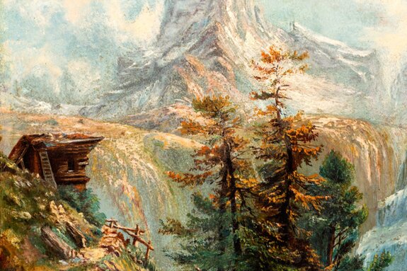 Houten huisje in de bergen, schilderachtig landschap