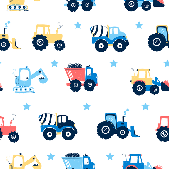 Tractoren en graafmachines tussen blauwe sterren