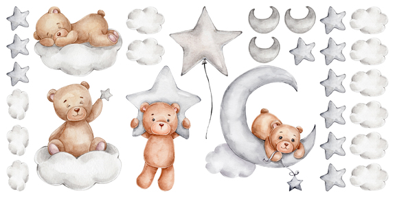 Aquarel teddyberen wolken sterren en manen